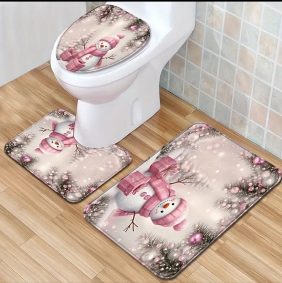 4pc Pink Snowman Shower Curtain & Bathroom Rugs Set |Christmas Holiday Decor NEW - Picture 10 of 11